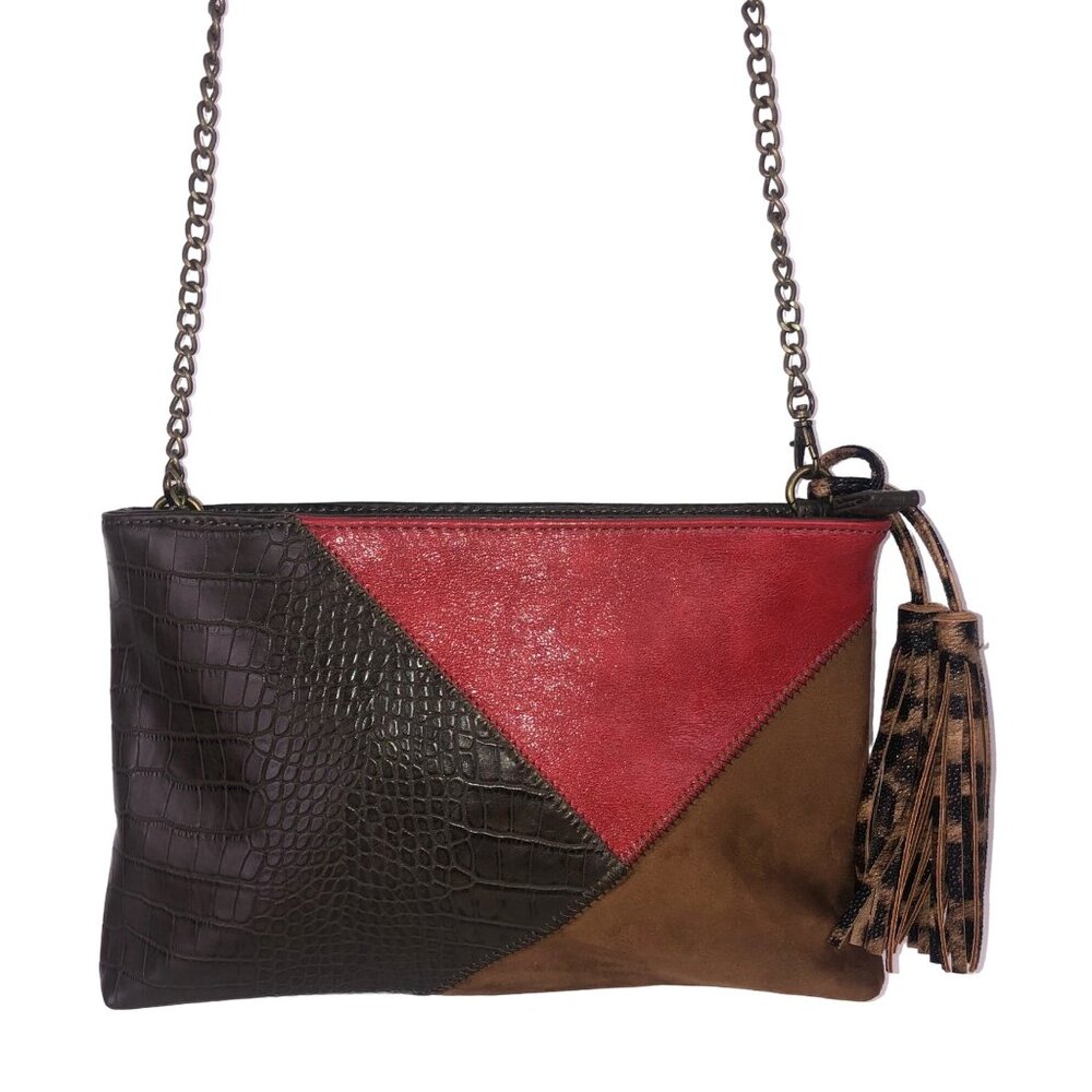 Chicos Patchwork Faux Croc Leather Suede Crossbody Clutch Purse Bag Chain Strap